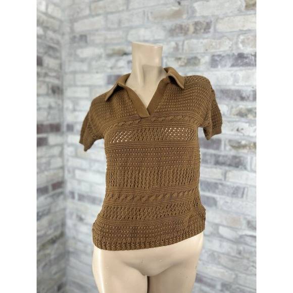 Joie Womens Ribbed V Neck Short‎ Sleeve Pullover Knit Collared Top Brown XS - Picture 1 of 7